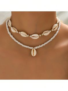 2pcs Bohemian Multi-Layered Accessories Women's Collarbone Charm Necklaces With Beads, Shells And Beach Pendants White Fashionable   ABS     Women Fashion Jewelry, size features are:Bust: ,Length: ,Sleeve Length: Seashell Pendants, Seashell Jewelry, Layered Necklace Set, Multi Layer Necklace, Seashell Necklace, Summer Bracelets, Shell Bracelet, Summer Necklace, Shell Jewelry