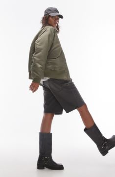 A sturdy nylon-twill design adds utility-inspired style to this boxy bomber jacket popped with oversized patch pockets and a spread collar. Front zip closure Spread collar Ribbed cuffs and hem Front snap-flap patch pockets Lined 100% nylon Machine wash, line dry Imported Patch Pocket, Dark Green, Bomber Jacket, Topshop, Nordstrom, Collar, Green, Design