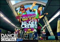 an advertisement for dance central featuring two young men in front of a subway station with the words, tell it up and the crew