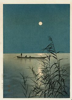 two people in a small boat on the water at night with the moon rising over the horizon