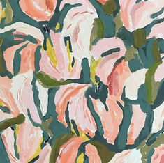 an abstract painting of pink flowers with green leaves