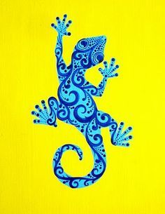 a blue and yellow lizard on a yellow background