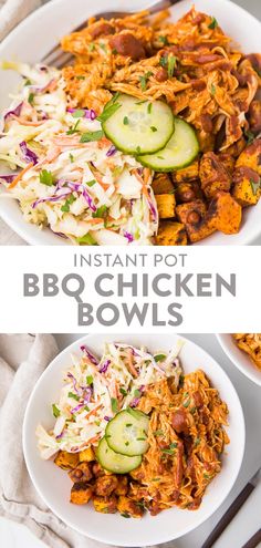 instant pot bbq chicken bowls with coleslaw and cucumbers