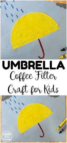 umbrella coffee filter craft for kids with the words umbrella in black and yellow on it