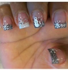 January French Tip Nail Designs, Winter French Tip Nails Snowflakes, January French Nail Designs, Nail For Christmas, Christmas Nails Short Square, 49ers Nails, Nail Designs For Christmas, Nail Ideas Cute, Nails For Winter