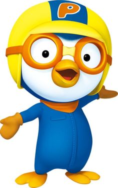 a cartoon penguin wearing glasses and a yellow hat with one hand up in the air