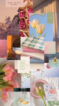 a collage of photos with flowers and cards