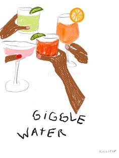 hand holding two glasses filled with different colored drinks and the words gigglele water