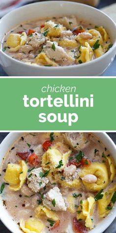 chicken tortellini soup in a white bowl on a blue surface with the title above it