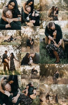 a collage of people hugging each other in the woods