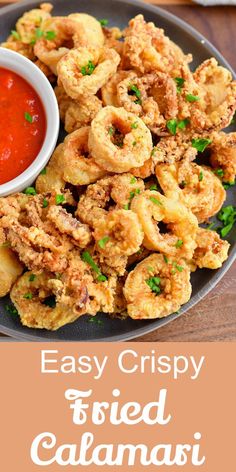 easy crispy fried calamari on a plate with dipping sauce