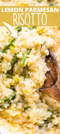 lemon parmesan risotto in a white bowl with a wooden spoon