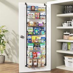 an open pantry door with food in it