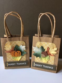 two bags with thanksgiving decorations on them sitting next to each other and the words many thanks