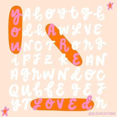 an orange and pink alphabet with stars on the bottom is shown in this hand drawn illustration