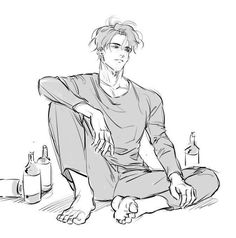 a drawing of a man sitting on the floor next to bottles and a glass bottle