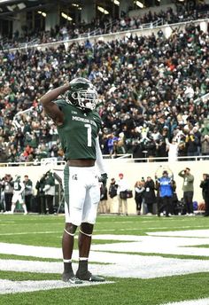 a football player is standing on the field with his arms in the air as people watch from the stands