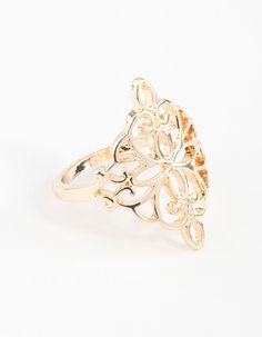 Make a statement in a stunning fashion ring. Stack with other styles for extra impact or wear alone for a refined addition to your ensemble. This ring features a filigree design in a gold tone. Material: Gold Plated Weight: 6.0g | Lovisa Gold Filigree Ring, Size: Small/Medium Gold Flower Ring For Party, Elegant Metal Flower Ring For Weddings, Elegant Open Ring Metal Flower Ring, Gold Filigree Open Ring Jewelry, Elegant Open Butterfly Metal Ring, Elegant Open Butterfly Ring, Elegant Metal Flower Ring, Gold Filigree Open Ring, Gold Open Ring Filigree For Formal Occasions