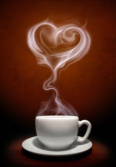 a coffee cup with steam rising out of it's top and the shape of a heart