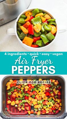 air fryer peppers with text overlay that reads 4 ingredients quick and easy vegan air fryer peppers