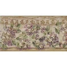 a wallpaper border with flowers and leaves on the borders is shown in purple, green,