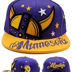 Brand New Polyester Minnesota Premium Colossal Snapback Hat In Football Colors. Horned Helmet Off Center On A Purple Crown With Gold Bill. City Initial Helmet On Side. Great Look With Minnesota Script On Back And Bill. One Size Fits Most. Snapback Hats Like These Normally Retail For $29 Plus Shipping, But You Can Take Advantage Of This One For Only $16 With Free Domestic Priority Mail Shipping!!! Hat Has Logos And Letters On Front And Back Of Crown Embroidered, Stitched On. Let's Go, Minnesota!! Purple Snapback Baseball Cap, Purple Baseball Cap One Size, Adjustable Purple Cap, Purple One Size Fits Most Baseball Cap, Purple Cap (one Size Fits Most), Purple Cap One Size Fits Most, Horned Helmet, Nfl Football Logos, Braves Hat