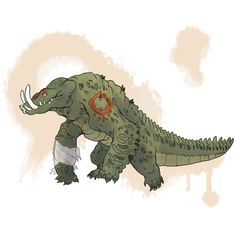 a drawing of a large green dinosaur with an orange ring on it's head