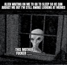 an alien looking out of a window with the caption,'alien waiting me to go to sleep so he can about me but i'm still awake looking at memes