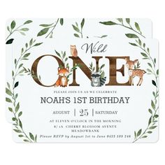 an animal themed birthday party card with the word one on it