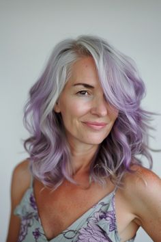 Purple Hair Over 50 For Women, Lavender Grey Hair, Lavender Highlights, Light Purple Hair, Hair Color Orange, Lavender Grey, Hair Over 50