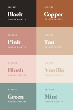 four different color palettes with the words pink and green