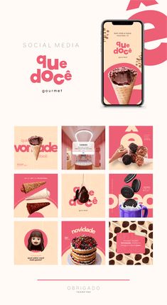 the social media ad for an ice cream shop is shown in pink and brown colors