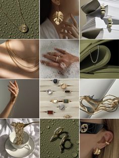 the collage shows many different types of jewelry and accessories, as well as gold