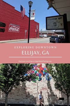 a woman standing in front of a building with the words exploring downtown ellijay, ga