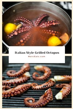 an octopus frying on the grill with lemons and other food items in it