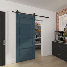 an open blue door in a kitchen next to a brick wall and wooden flooring