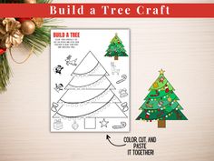 the build a tree craft is shown with instructions for how to decorate and cut it together