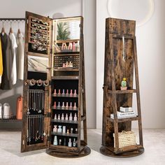 two wooden shelves with bottles and other items in them