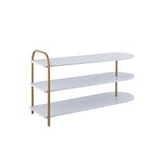 three tiered white shelf with gold metal handles and two shelves on each side, against a white background