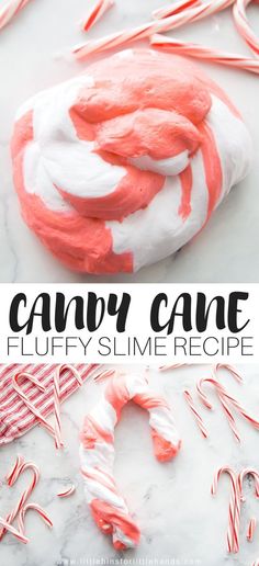 candy cane fluffy slime recipe on a marble surface with text overlay