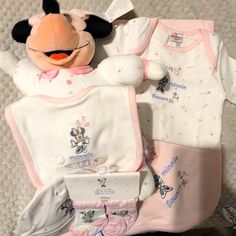 Nwt Vintage Disney Minnie Mouse 6 Piece Bundle. All Embroidered And All Matching, Includes Blanket, Onesie, Hat, Socks, Bin And Plush Minnie Rattle In Size 3 Months Playful White Minnie Mouse Sets, White Minnie Mouse Playtime Sets, Vintage Disney, Baby Fever, 3 Months, Matching Sets, Minnie Mouse, Pink White, Onesies