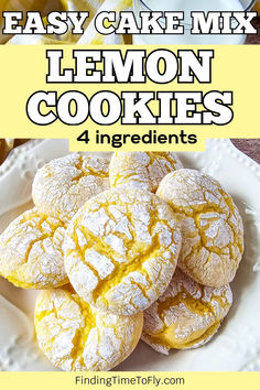 lemon cookies on a white plate with the words easy cake mix lemon cookies 4 ingredients