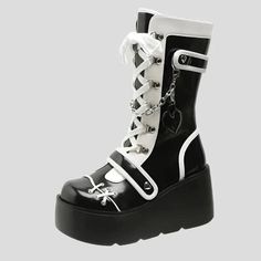 Elevate your style with our Platform Wedge Women's Punk Boots. The black and white color scheme adds a touch of gothic flair. while the platform wedge provides both height and comfort. Embrace your edginess with these statement boots.How to Choose the... White Punk, Statement Boots, White Gothic, Punk Shoes, Punk Boots, Fresh Sneakers, Gothic Design, High Heel Wedges, Black And White Color