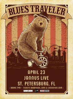 the poster for blues traveler featuring a bear on a bike