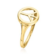 Ross-Simons - 14kt Yellow Gold Peace Sign Ring Size 9. Spread peace with this meaningful ring. Stylish and symbolic, the classic peace sign shines in polished 14kt yellow gold. 3/8" wide. 14kt yellow gold peace sign ring. Peace Sign Ring, Meaningful Rings, Size 10 Rings, Peace Sign, Ring Size, Yellow Gold, Yellow, 10 Things, Gold