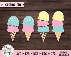 three ice cream cones in different colors and sizes on a wooden background with text that reads sv