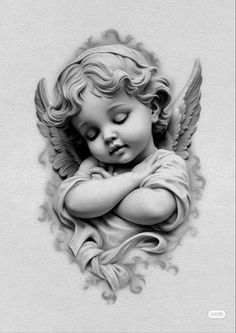 a black and white drawing of an angel with its head resting on his hands,