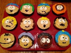 the cupcakes are decorated with cartoon characters