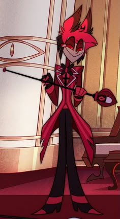 an animated character with red hair and black clothes holding a wand in her hand while standing next to a piano