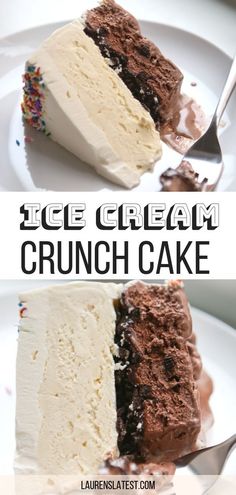 an ice cream crunch cake on a white plate